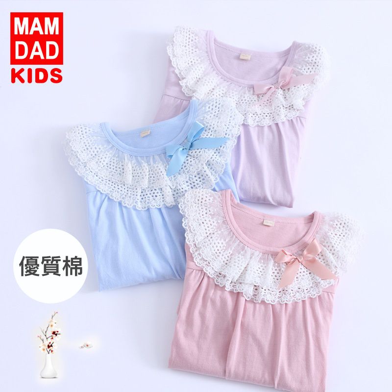 MAMDADKIDS - 純棉長袖睡裙-公主蕾絲領-紫粉色