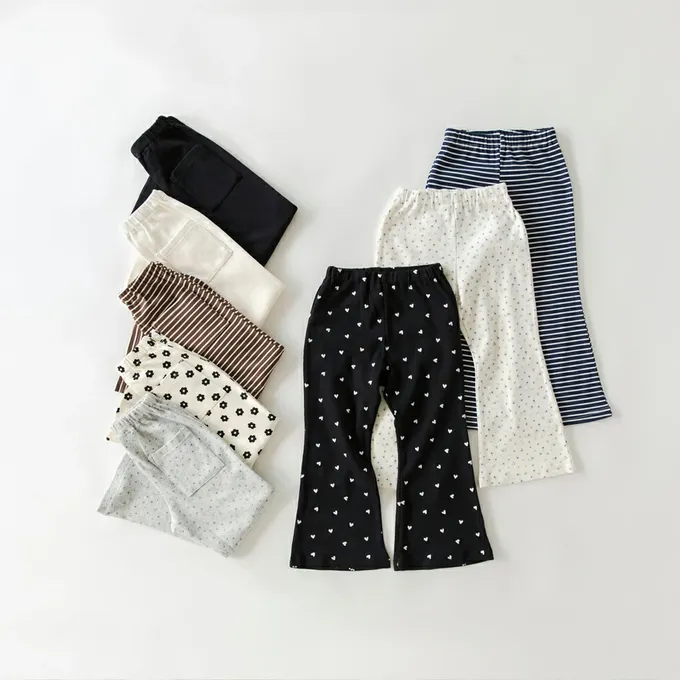 日本 BRANSHES - 彈性羅紋百搭薄款喇叭褲-條紋-咖啡