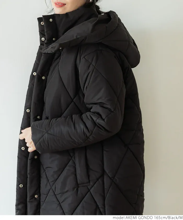 日本 COCA - 俐落長版絎縫鋪棉保暖外套(帽可拆)-咖啡