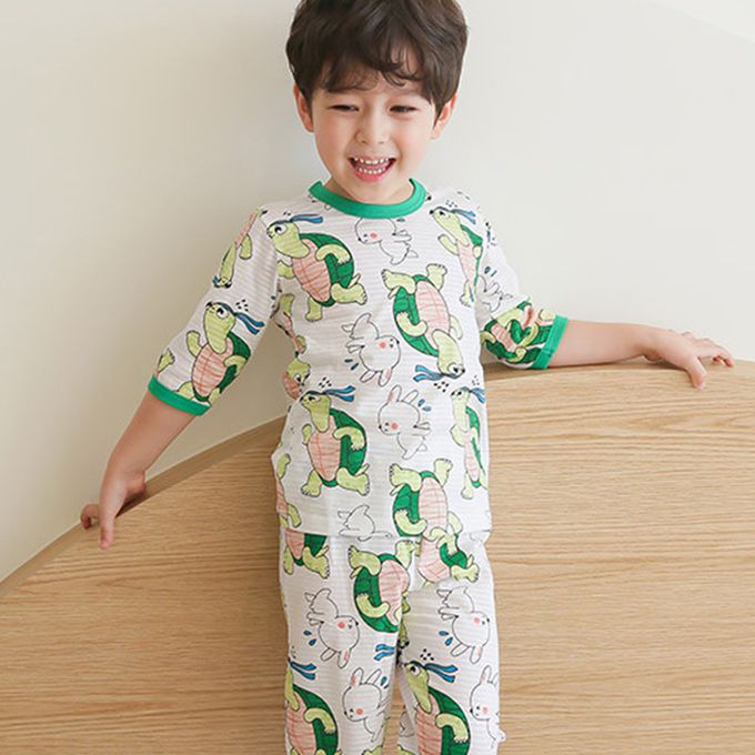 正韓 Puco - 超優質嬰幼兒/兒童七分袖100% 有機純棉家居服/睡衣-龜兔賽跑