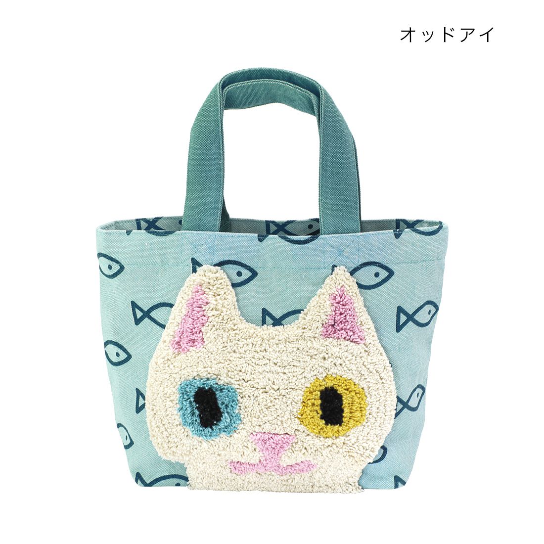 日本 TOMO - 可愛動物刺繡帆布包/提袋-貓咪眼睛-藍 (30×20×D10cm)