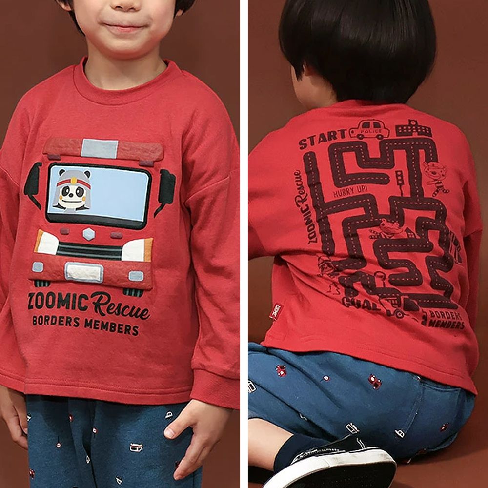 熊熊救援隊 車車印花長袖上衣-消防車-紅