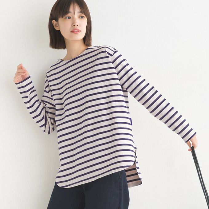 日本 OMNES - 純棉厚磅定番條紋長袖上衣-海軍藍x粉米