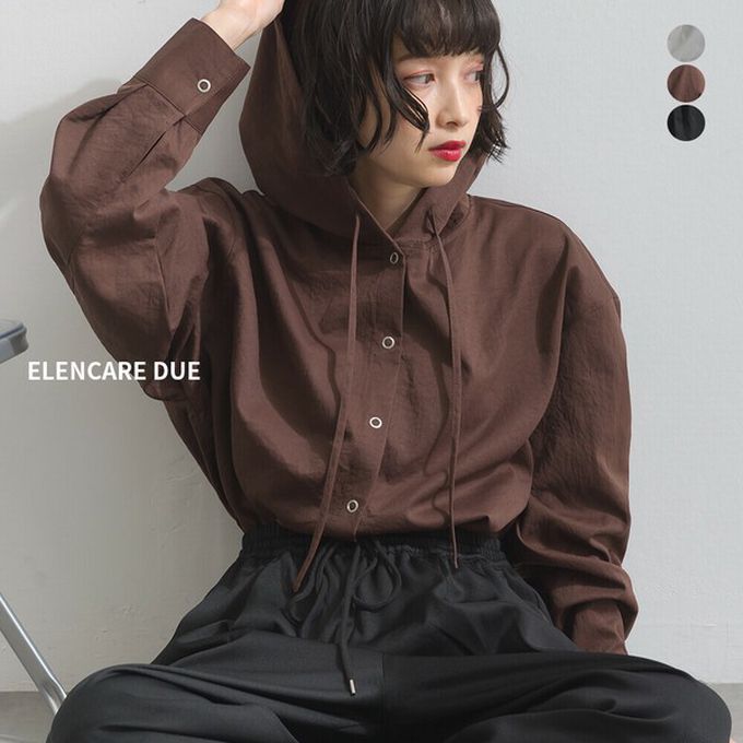 日本 ELENCARE DUE - 復古風磨毛寬版連帽長袖襯衫-灰杏