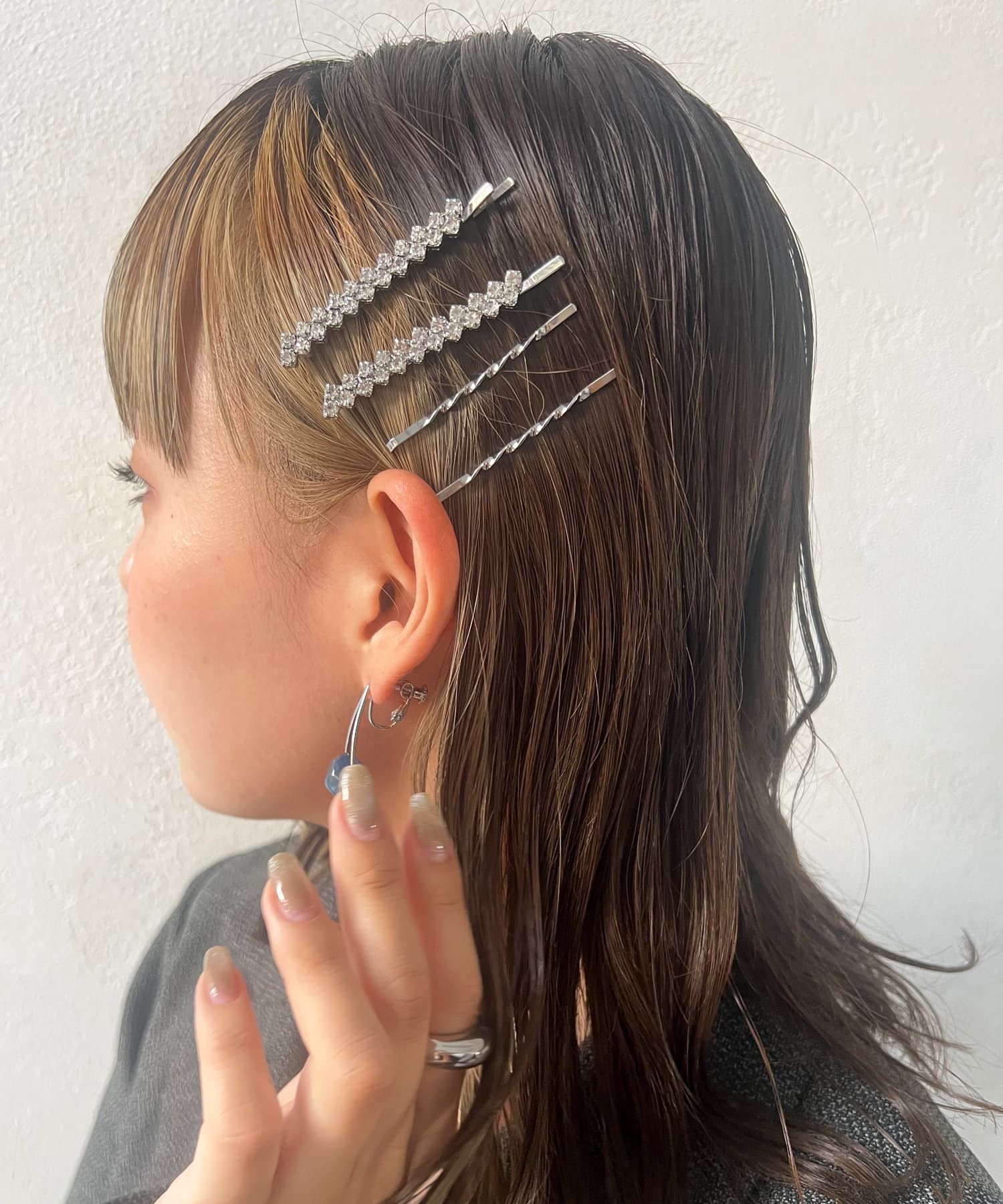 日本 Lattice - 造型搭配髮夾4件組-水鑽排列-銀色系