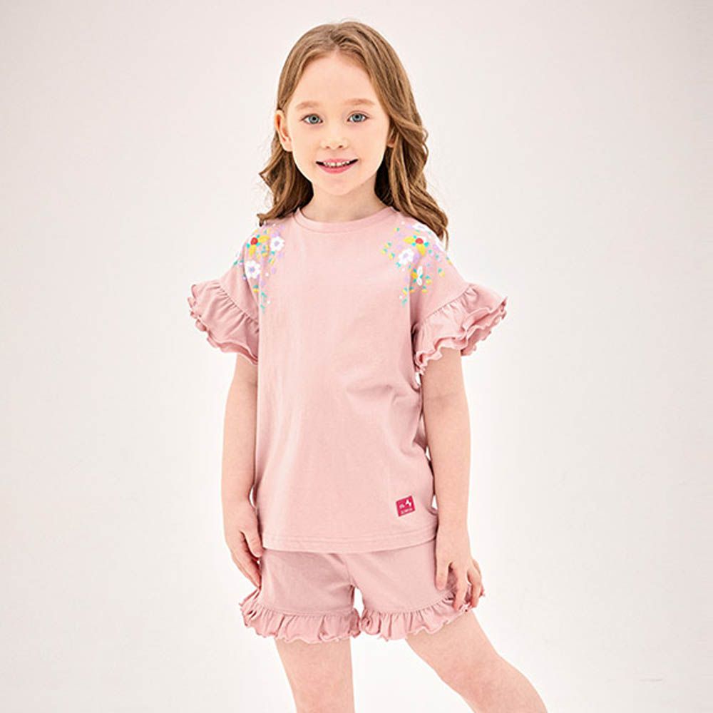 浪漫繡花點綴荷葉袖套裝-淺粉