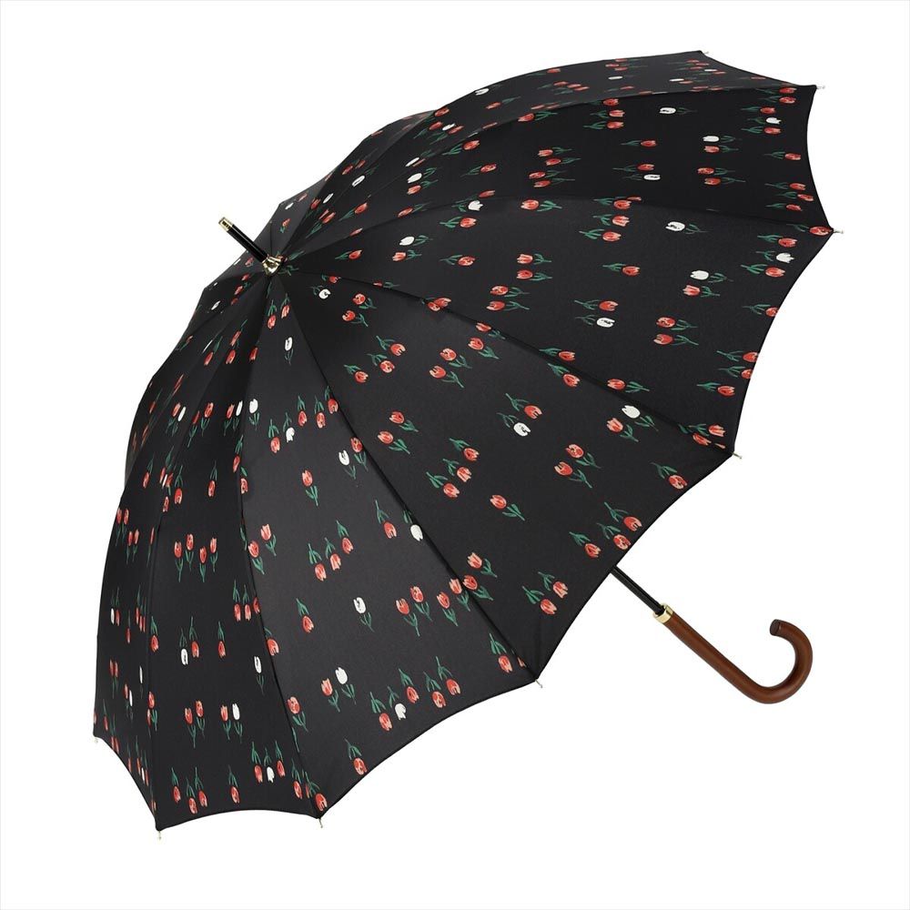 日本 nifty colors - 抗UV輕量 晴雨兩用J型手把直傘-鬱金香-黑 (直徑97cm/308g)