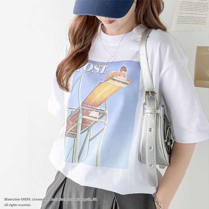 日本 Classical Elf - 設計師聯名 復古印花寬版T恤-跳水男孩-白