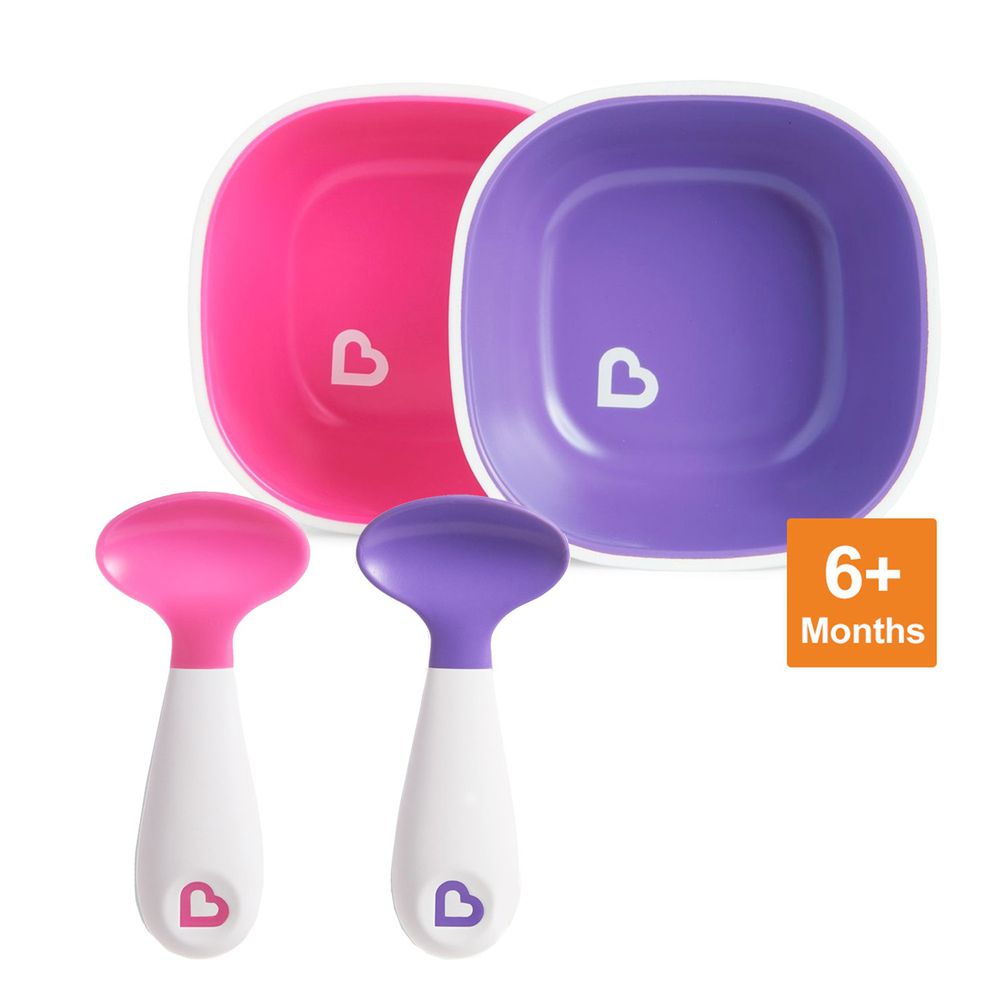 美國 munchkin - A+B超值組：防滑碗2入(粉/紫) + 送左右手幼兒學習湯匙2入(粉/紫)