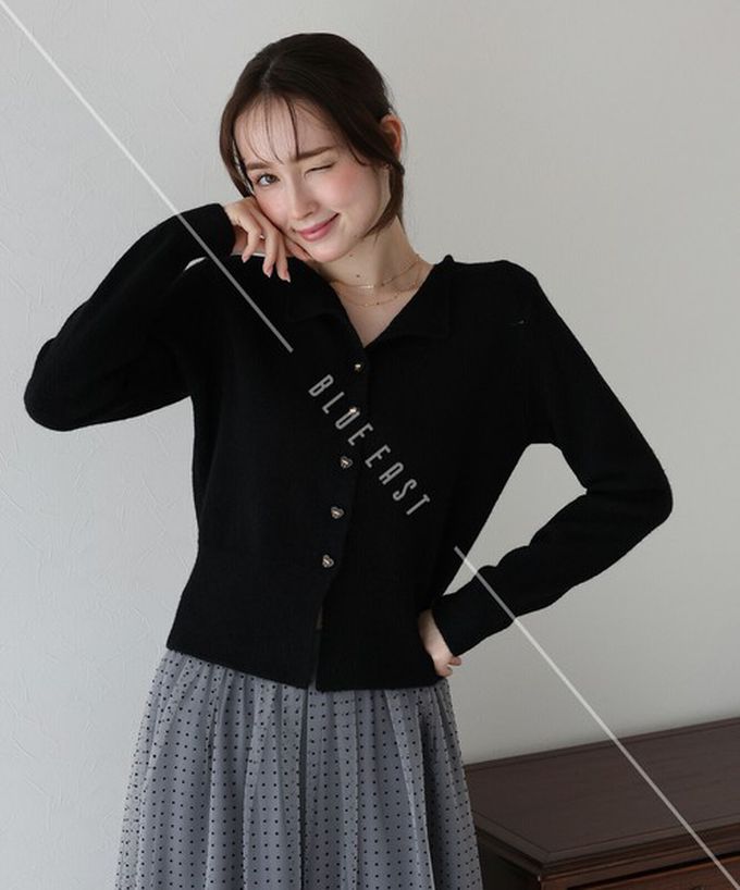 日本 BLUE EAST - 愛心蝴蝶結扣成熟甜美針織開襟衫-黑 (M)