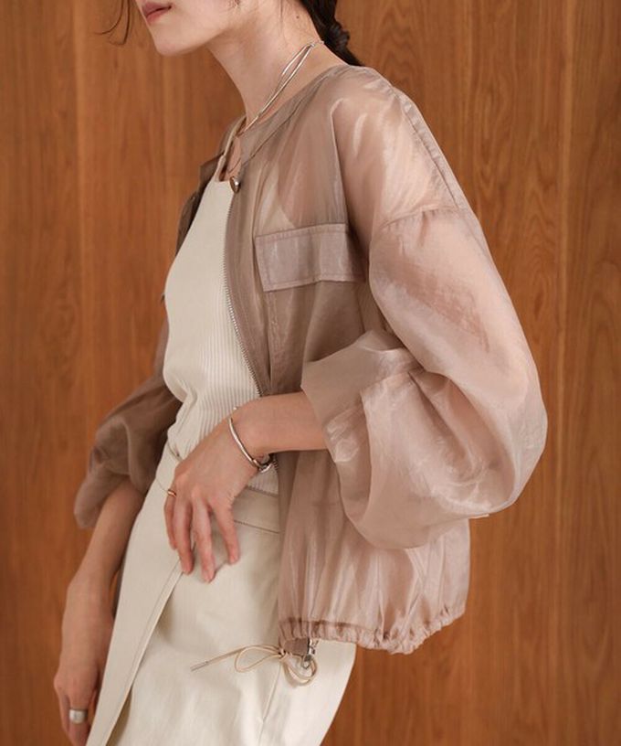 日本 Bab - 優美透膚精緻感抽繩薄外套-卡其棕