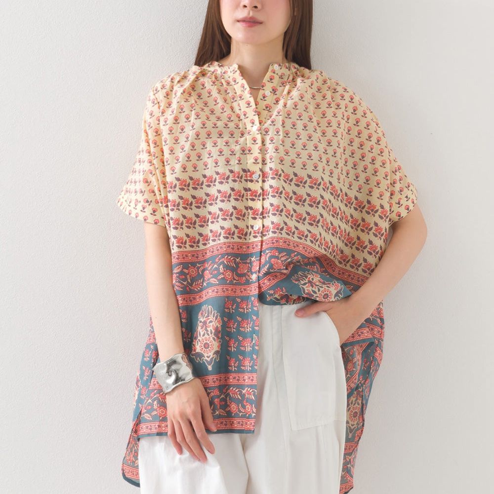 100%印度棉 夏日印花休閒長版襯衫-象牙粉圖騰