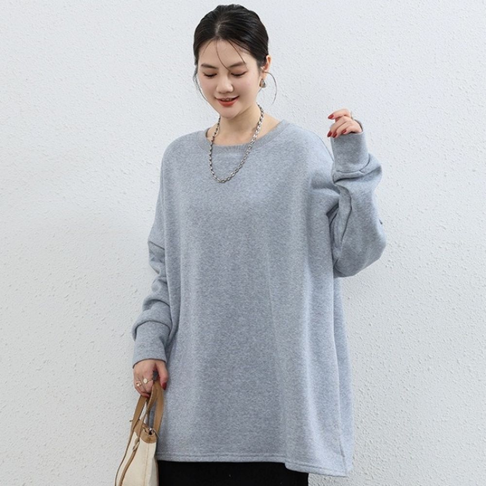 (內裡加絨)寬鬆廓形小開衩長袖上衣-淺灰 (F)