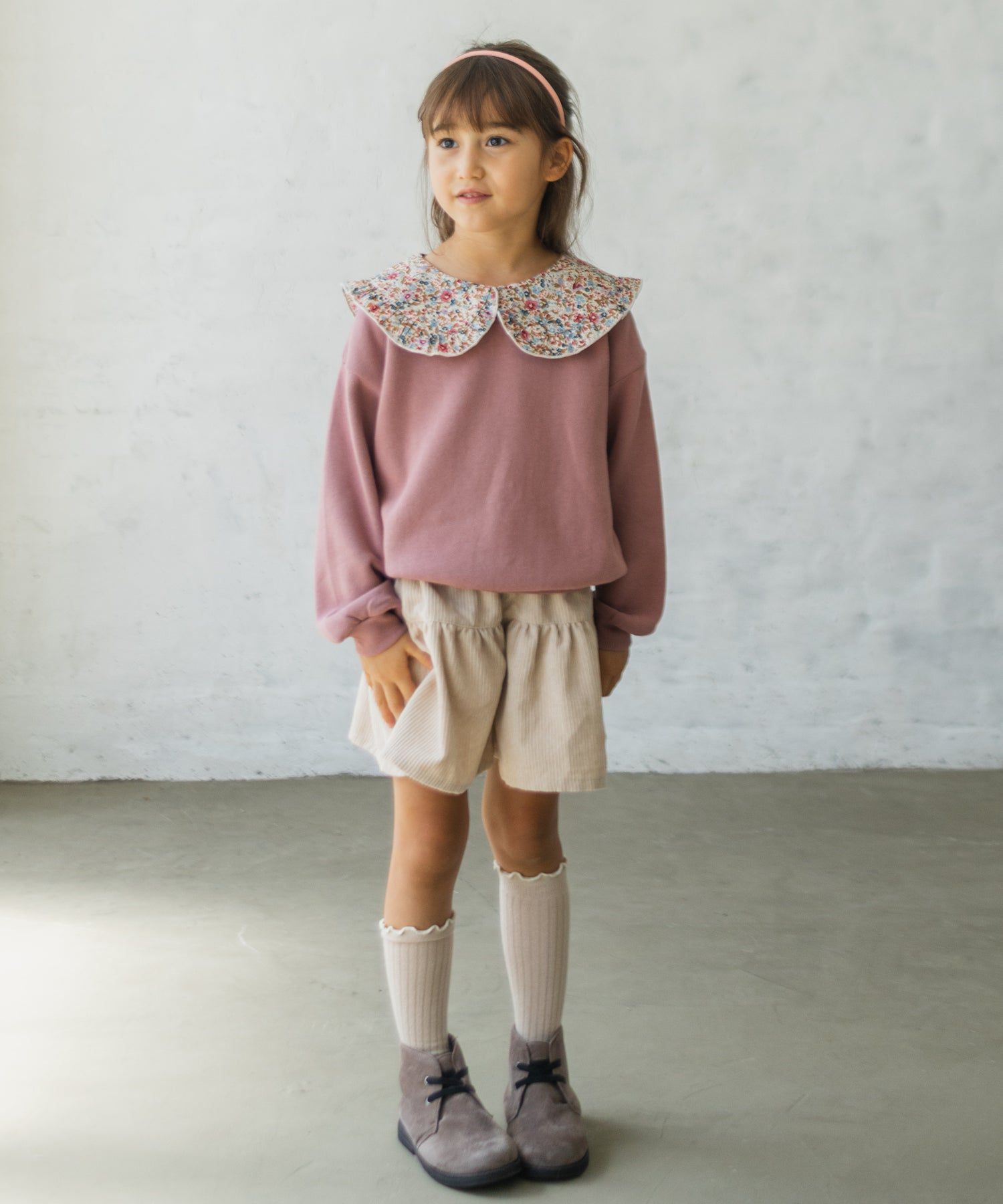 日本 PAIRMANON - 歐風翻領刷毛長袖上衣-碎花領-煙燻粉