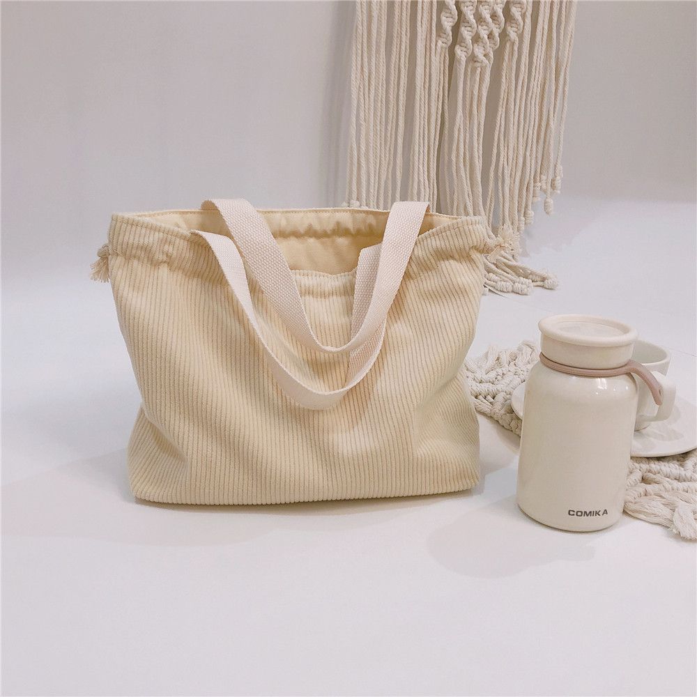 燈芯絨手提束口小布包-灰色 (31x19x10cm)