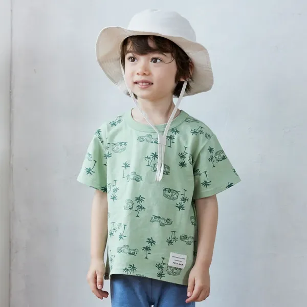 日本 petit main - 百搭印花短袖上衣-恐龍線條-卡其黃