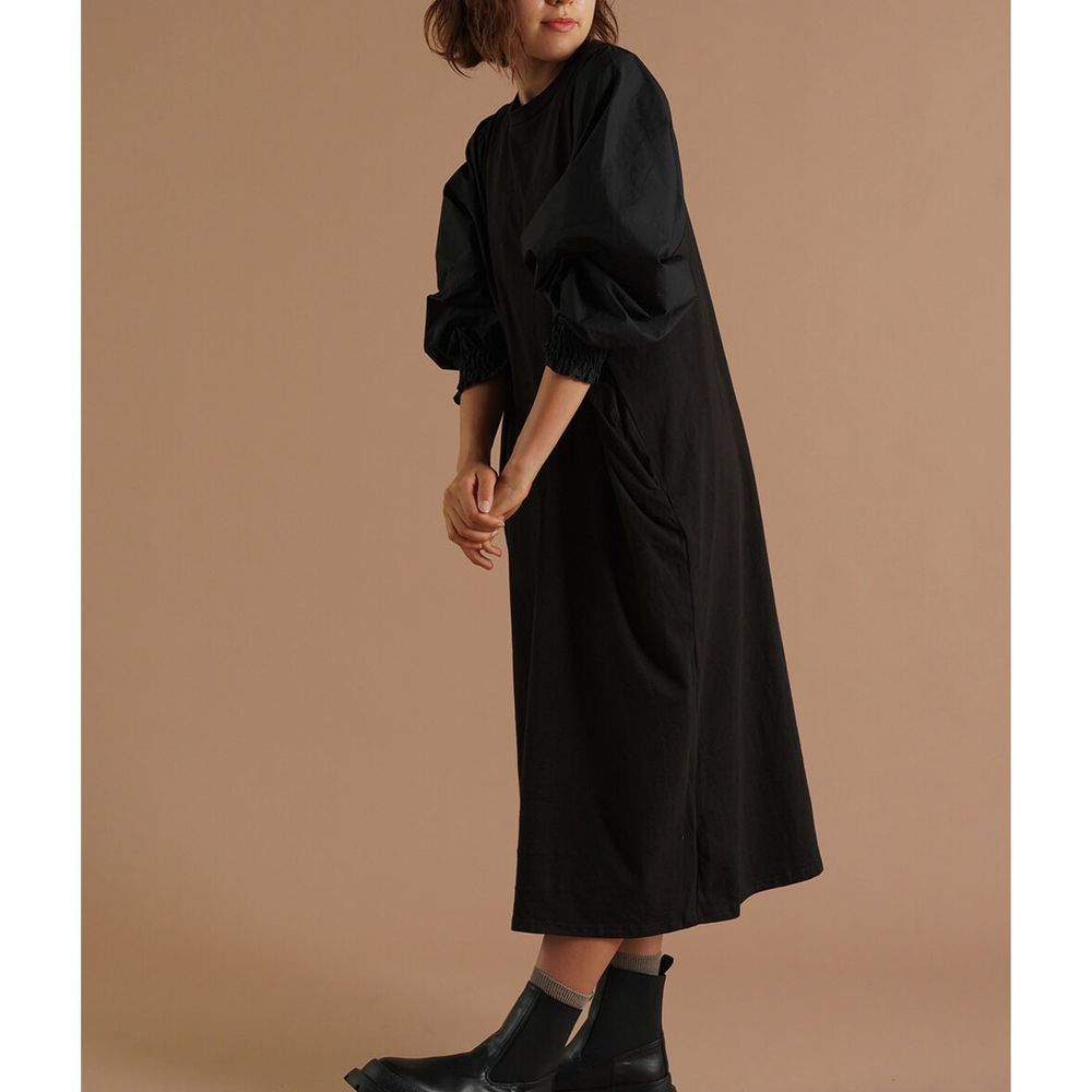 日本 Bou Jeloud - 純棉顯瘦拼接長袖洋裝-黑