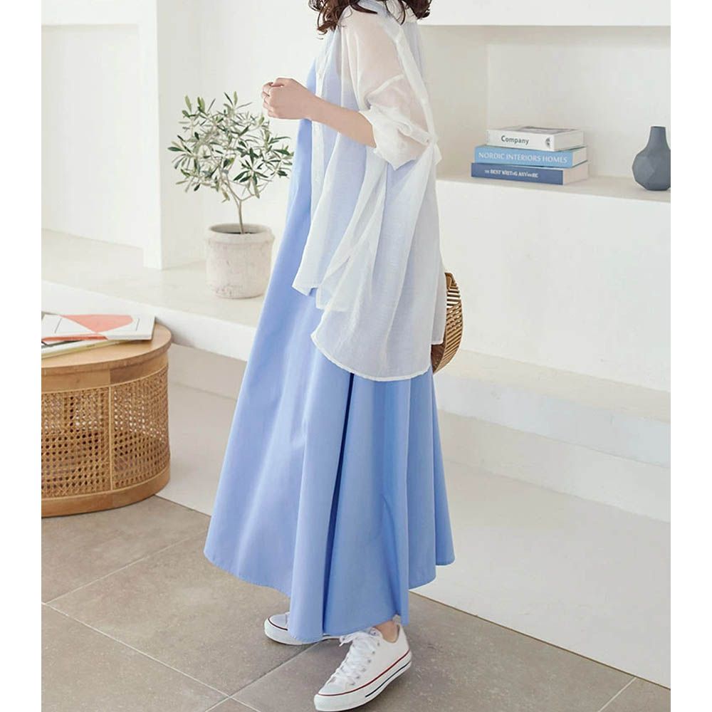 時尚休閒A字傘狀無袖洋裝-水藍