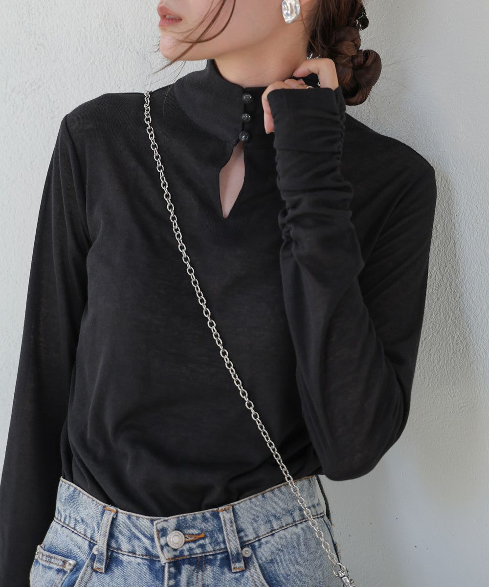 日本 Bab - 2WAY立領排扣薄長袖上衣-淺綠