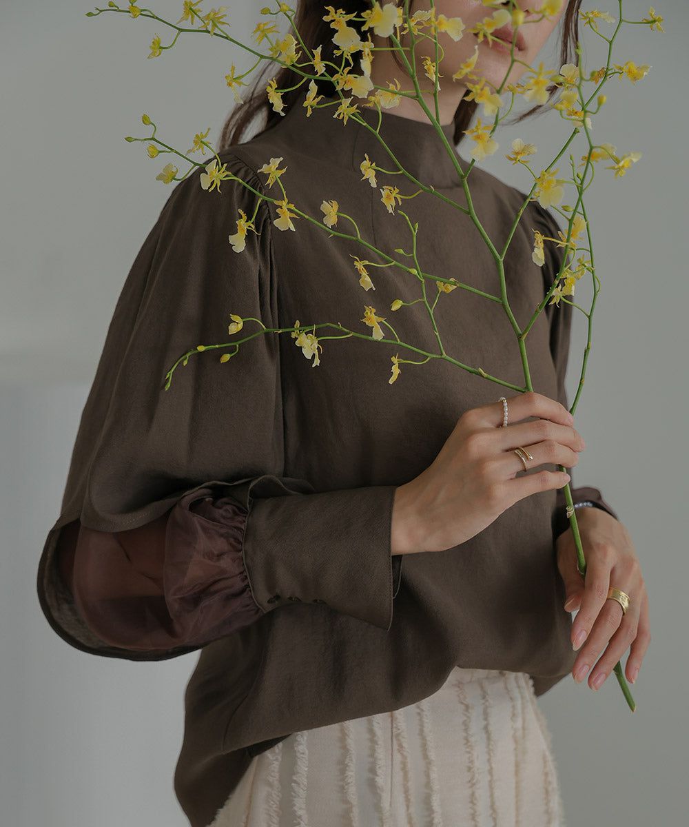 日本 Bab - 柔美紗拼接袖雪紡上衣-深可可