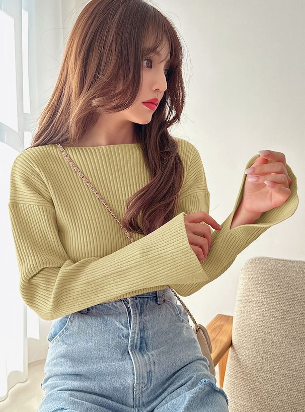 日本 GRL - 袖口剪裁船領羅紋長袖上衣-春芽綠