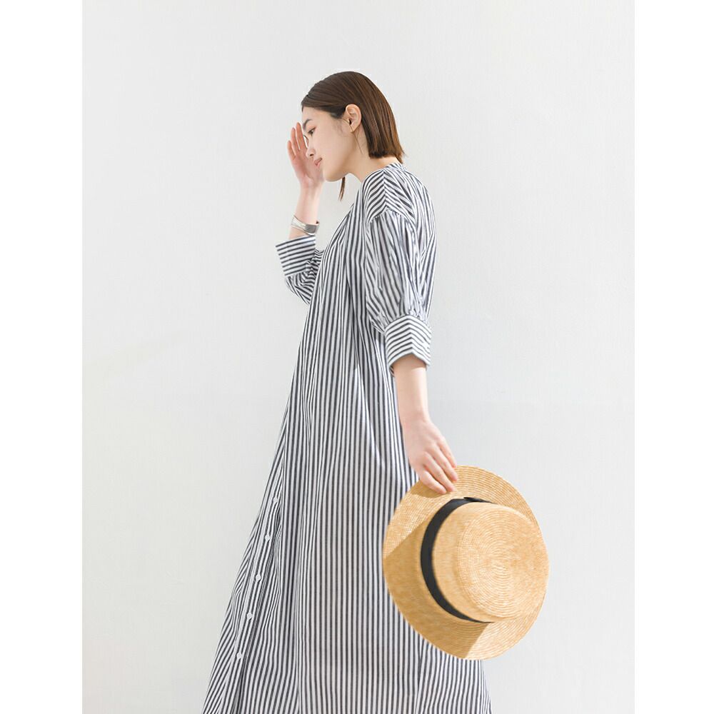 日本 OMNES - 文藝排扣綁帶氣球袖洋裝-可可