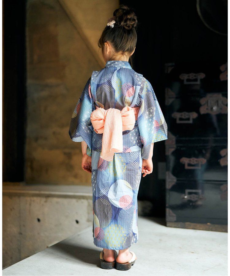 日本 apres les cours - 華麗腰帶風純棉二件式浴衣-椿花-紅藍條紋