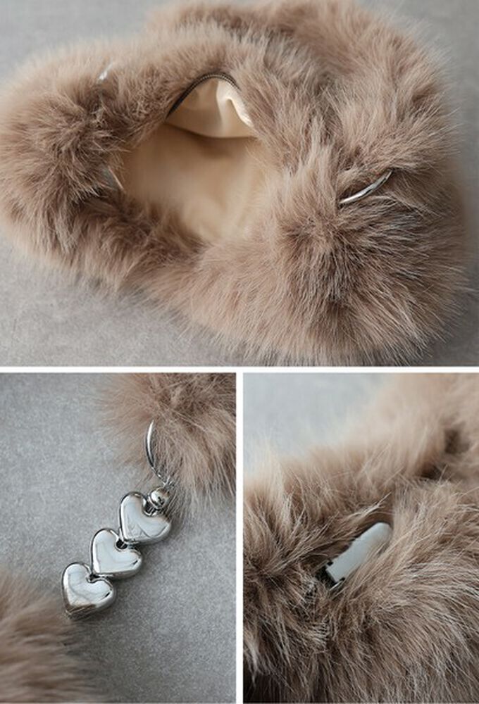 日本 BLUE EAST - 心型鏈條夢幻毛絨手提包-咖啡