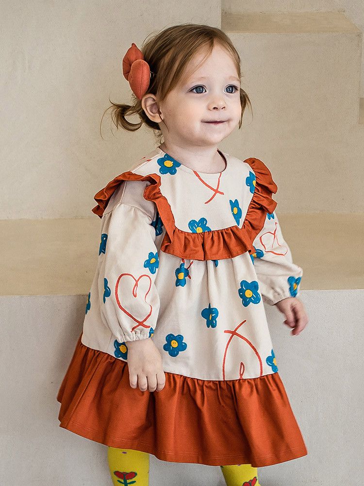 韓國Pimpollo - 微笑花朵荷葉邊洋裝-橘