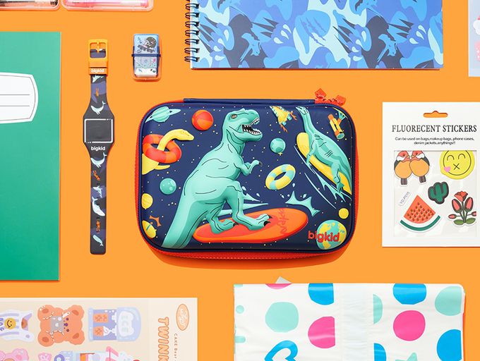 韓國 bigkid - 寬版雙拉鍊大開口鉛筆盒-衝浪恐龍 (22*15*5cm)