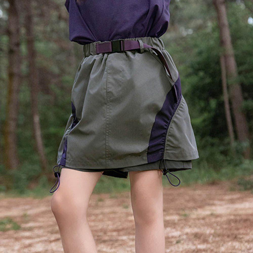 透氣吸濕速乾側抓皺工裝裙褲-拼色線條-灰綠