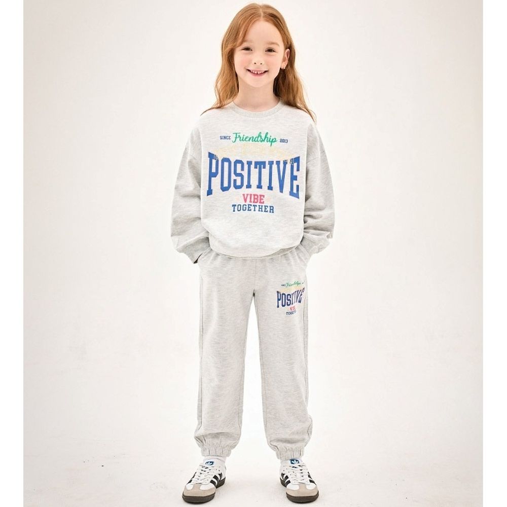 美式風格文字圖案長袖套裝-淺花灰