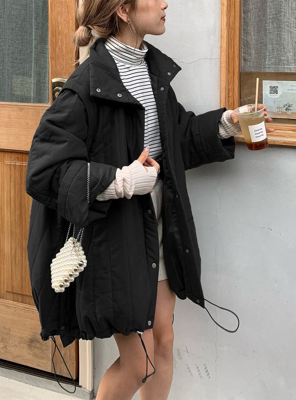 日本 GRL - 袖可拆時尚抽繩羽絨外套(背心二穿)-軍綠 (F)