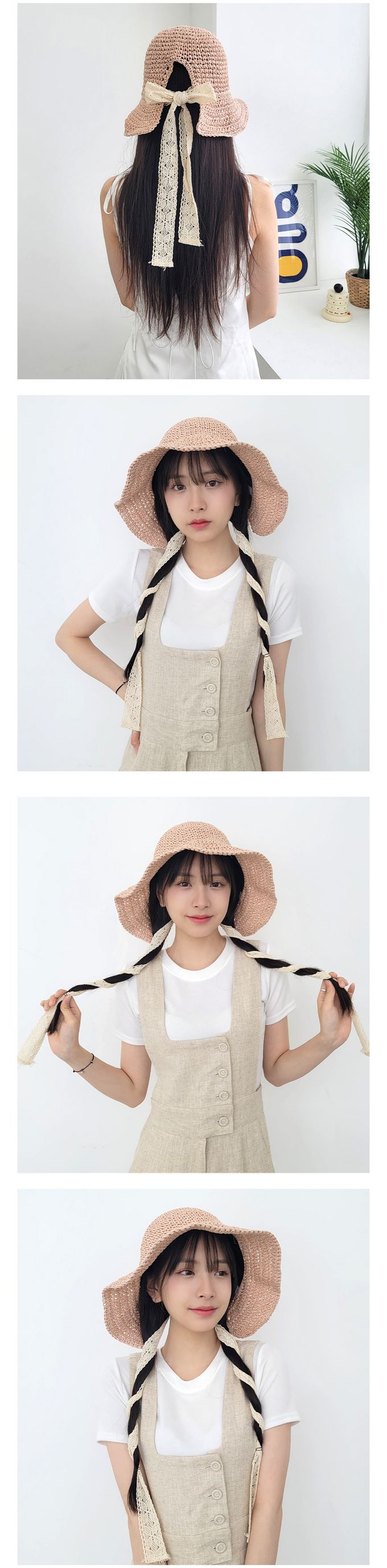 韓國 Soo&Soo - 蕾絲緞帶裝飾編織遮陽帽-奶茶咖