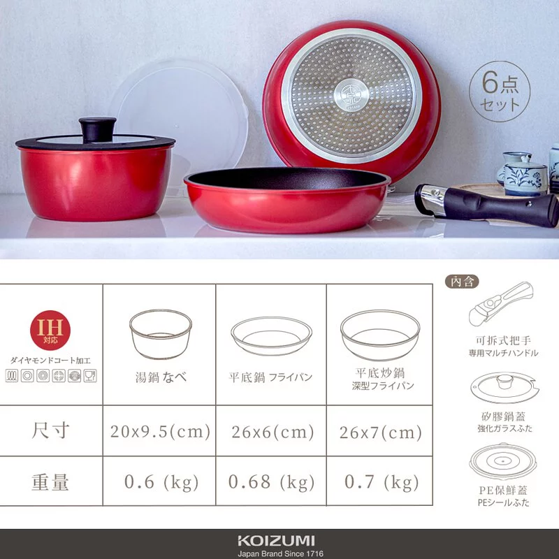 日本 KOIZUMI 小泉成器 - 不沾平底鍋-超值六件組/可拆式把手/陶瓷奈米超耐磨塗層-KOI-CO6-套組內含湯鍋-20cm*1+平底鍋-26cm*1+平底炒鍋-26cm*1+可拆式把手*1+玻璃矽膠鍋蓋-20cm*1+PE保鮮蓋-20cm*1