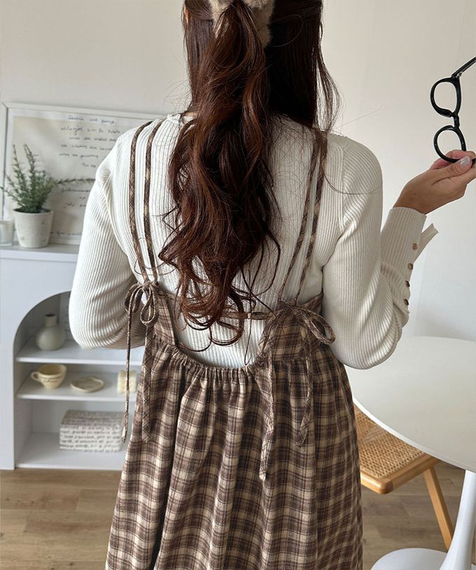 日本 Classical Elf - 學院風格紋甜美雙吊帶洋裝-深灰棕