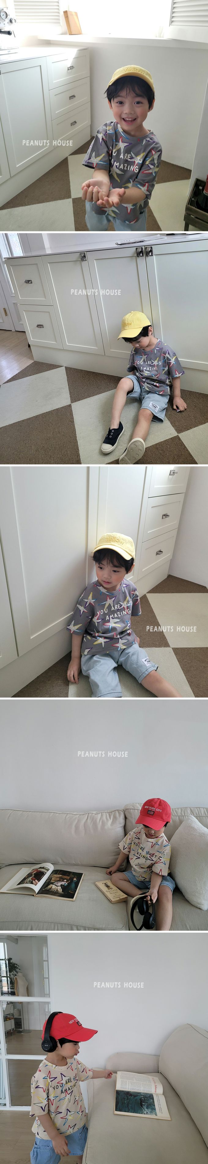 韓國 Peanuts House - 純棉印花圓領短袖上衣-五角星星-灰