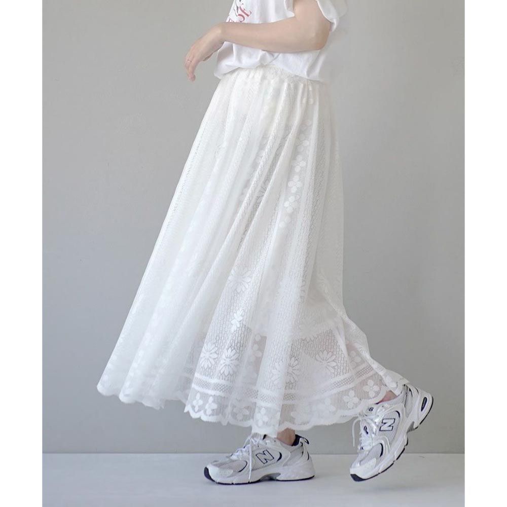 日本 zootie - 浪漫花朵蕾絲鬆緊圓裙-白
