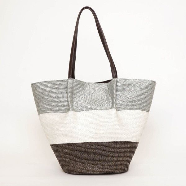 日本 COOCO - 三配色大容量托特手提包-灰米咖 (21x30x15cm)