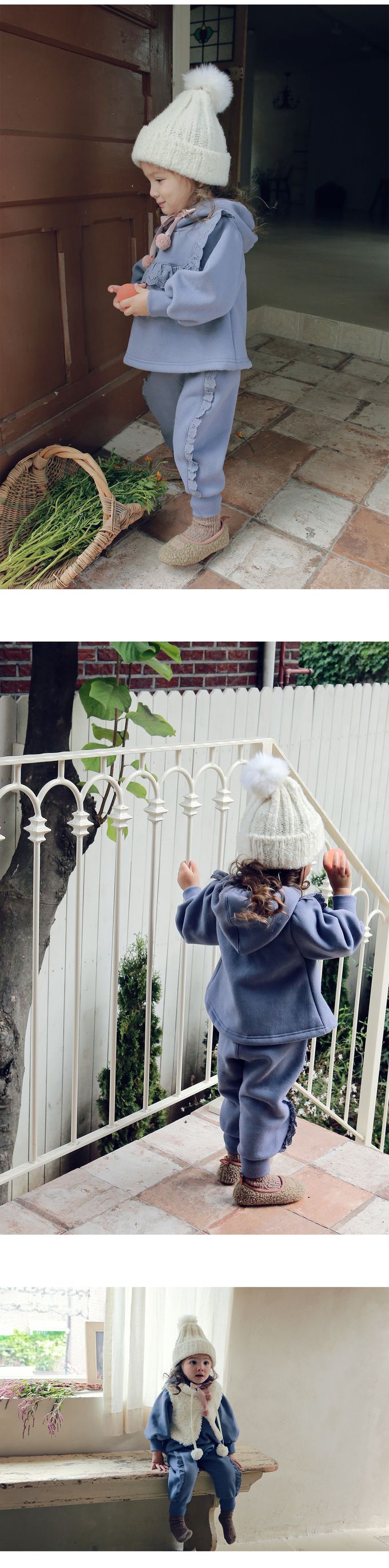 韓國 Puellaflo - 鬆緊腰蕾絲花點綴縮口長褲-霧藍