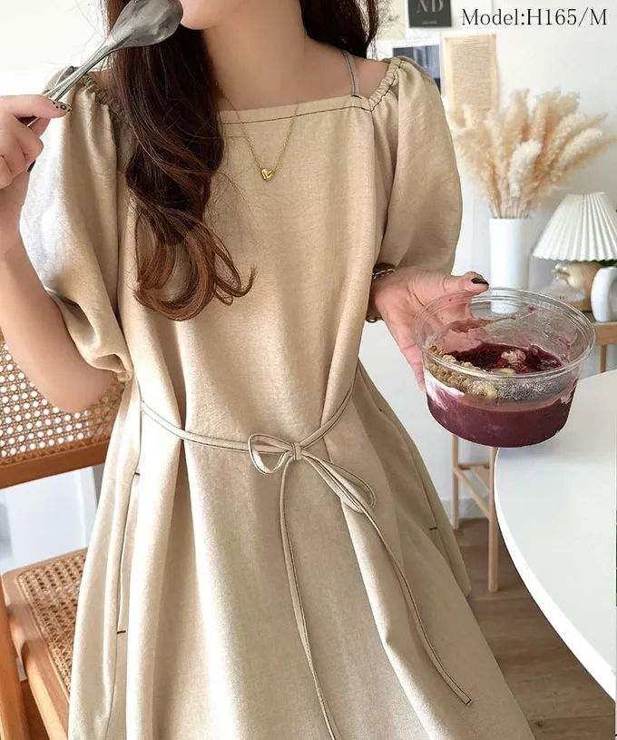 日本 Classical Elf - 典雅2way露肩腰綁帶泡泡袖洋裝-摩卡棕