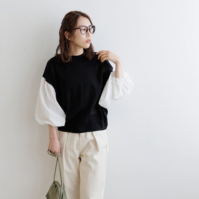 日本 ihuu - 氣球袖拼接薄針織上衣-黑x白