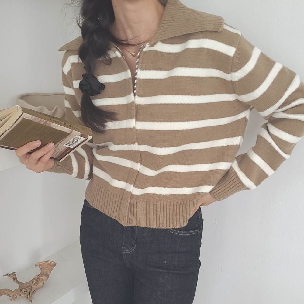 條紋翻領拉鍊針織衫/外套-奶茶 (FREE)