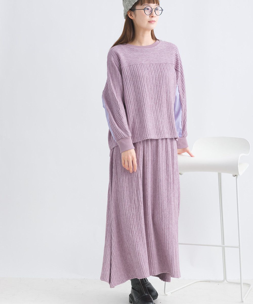 日本女裝代購 - 拼接撞色寬袖麻花針織上衣-灰