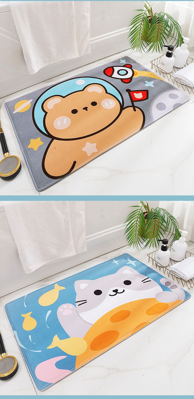 快速吸水法蘭絨浴室腳踏墊-萌萌獅子-藍色