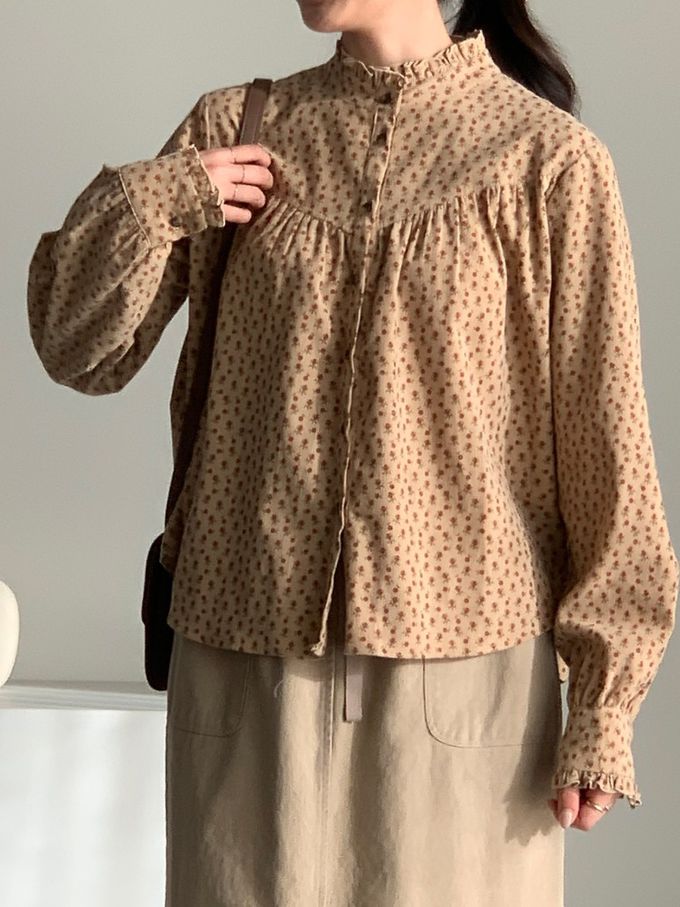 韓國女裝連線 - 滿版小花朵燈芯絨長袖襯衫-卡其 (FREE)
