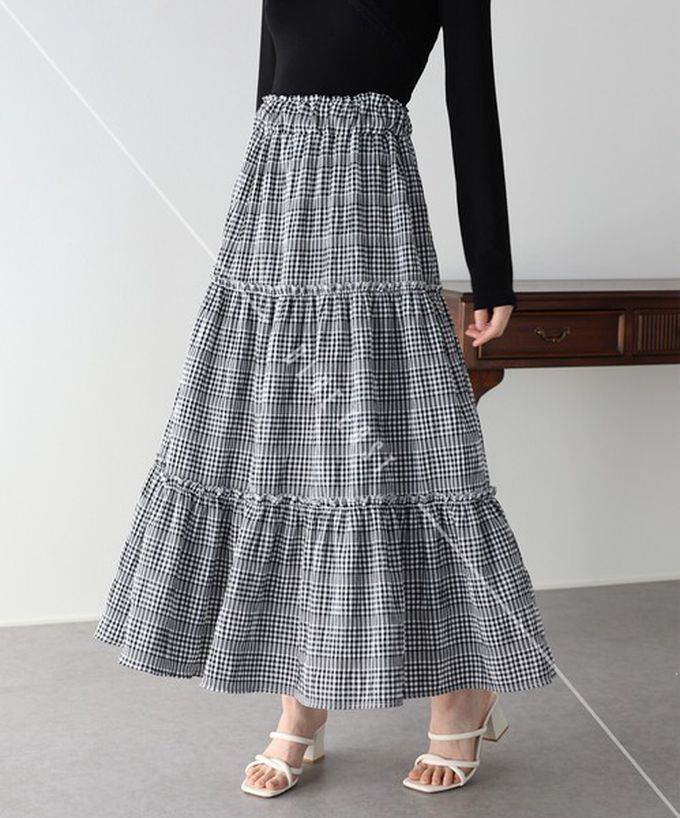 日本 BLUE EAST - 柔美可愛細格紋分層長裙-水藍