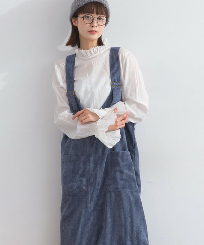 日本 Lupilien - 可愛厚實燈芯絨開叉吊帶裙-藍