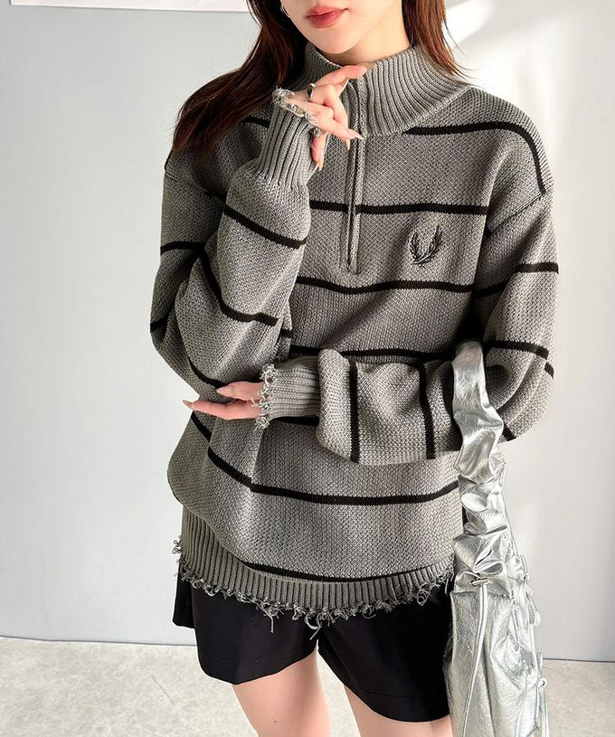 日本 Classical Elf - 半拉鍊寬版不修邊條紋針織上衣-米白