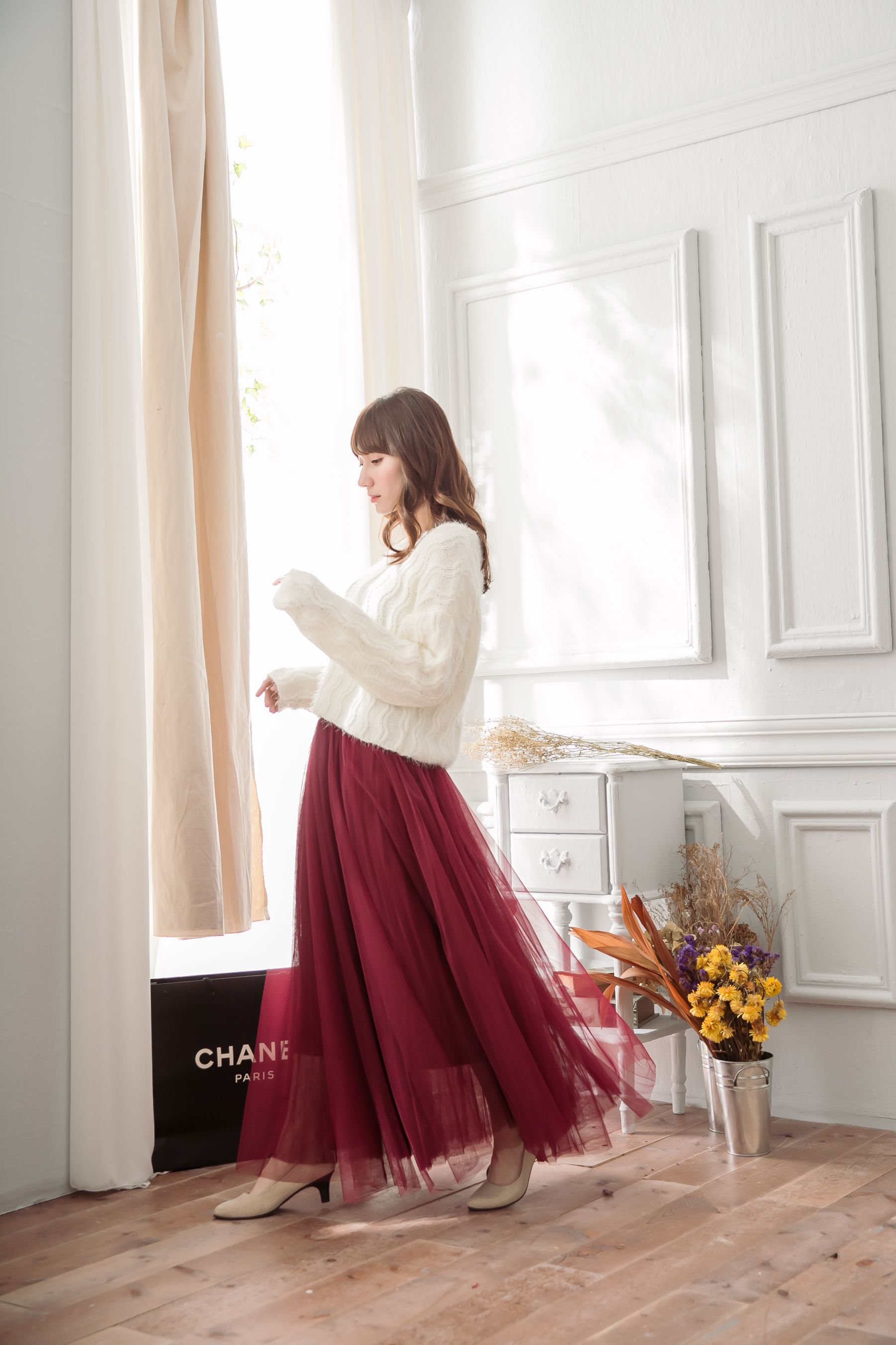 Peachy - 獨家訂製綿柔法式浪漫三層蓬紗裙-三層蓬版-性感酒紅 (F)